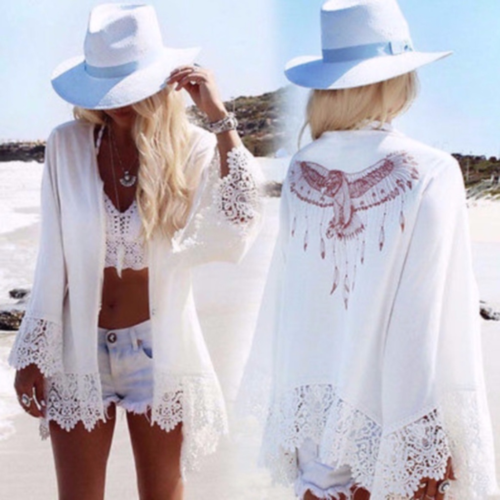 010 Bohemian White Crochet Lace Hem Eagle Print Beach Cover Up
